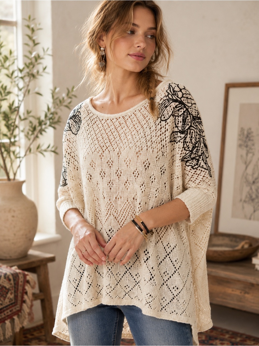 Anthropologie Launa Knitted & Knotted Embroidered Open-Knit Poncho Sweater XS/S